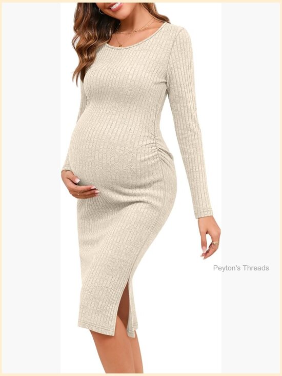 Dresses & Skirts - Ribbed Knit Maternity Bodycon Dress Long Sleeve Side Slit Baby Shower